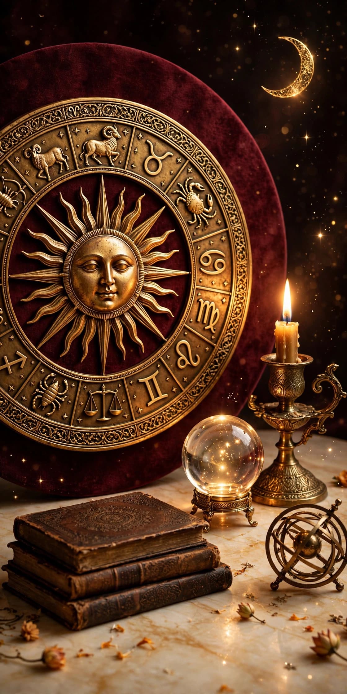 Vedic astrology — golden kundli wheel, diyas and sacred instruments