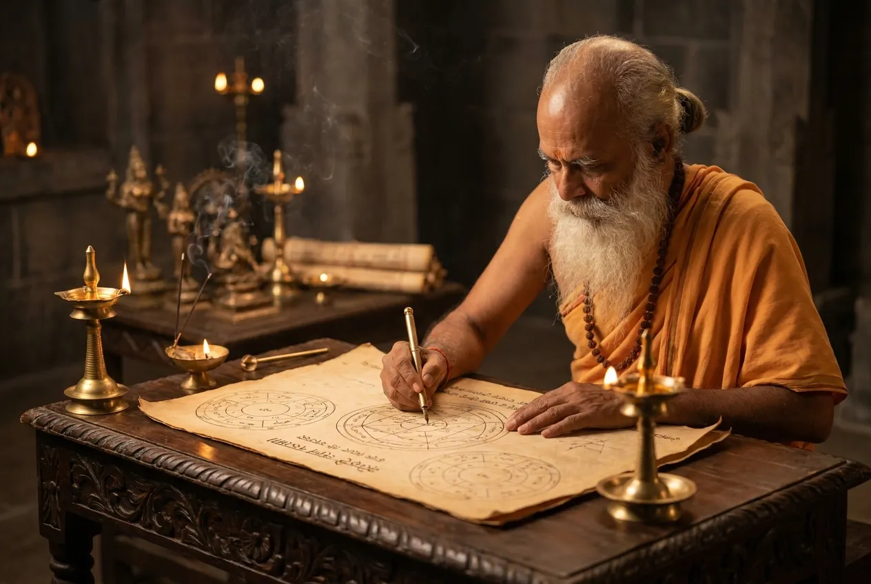 Vedic pandit writing a Kundli chart